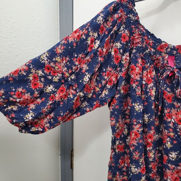 Pure‎ Energy Woman's Y2K Navy Red Floral Keyhole Neck Boho Peasant Top Plus Sz 2 - Picture 2 of 7